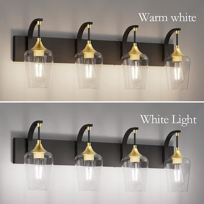 Ralbay Black/Gold Bathroom Vanity Light 4-Lights Industrial Black Vanity Lights Clear Glass Vintage Edison Wall Mount Light Fixtures for Bathroom
