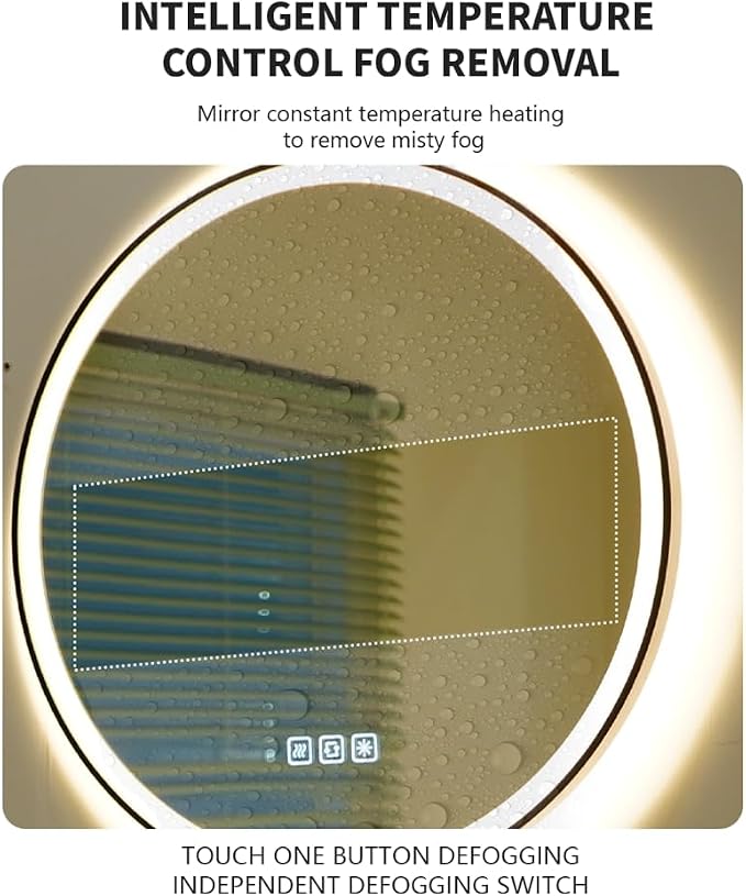 32inches Round LED Mirror,samrt Mirror for Bathroom,Light,Anti- Fog,3 Colors Dimmable,Front and Backlit,CRI90+,Touch Button