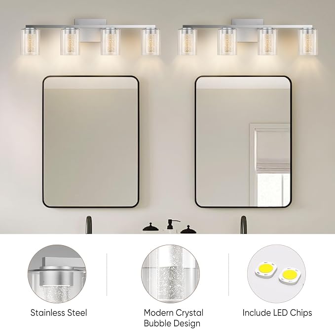 LED Modern Bathroom Light Fixtures Over Mirror, 4-Light Brushed Nickel Vanity Lights with 5 Color Modes, Dimmable Bathroom Vanity Light with Crystal Bubble Glass, 2700K-6500K Adjustable, ETL