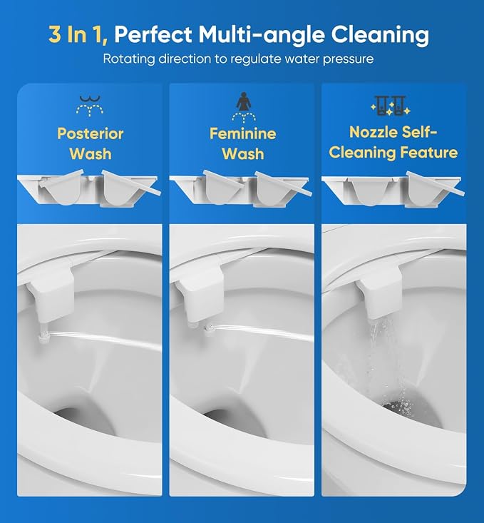 Ultra-Slim 3-in1 Bidet, Self-Cleaning, Posterior&Feminine Wash-(Retractable Dual Nozzles), Non-Electric Bidet Attachment for Toilet Seat, Adjustable Fresh Cold Water Pressure, Stainless Steel Inlet