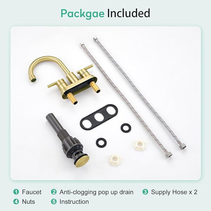 Faustina Brushed Gold Bathroom Faucet, 4 Inch Centerset Faucets for Sink 2 Holes 3 Holes，Two Handles 304 Stainless Steel Faucet with Pup up Drain Assembly and 2 Water Supply Lines for RV Vanity