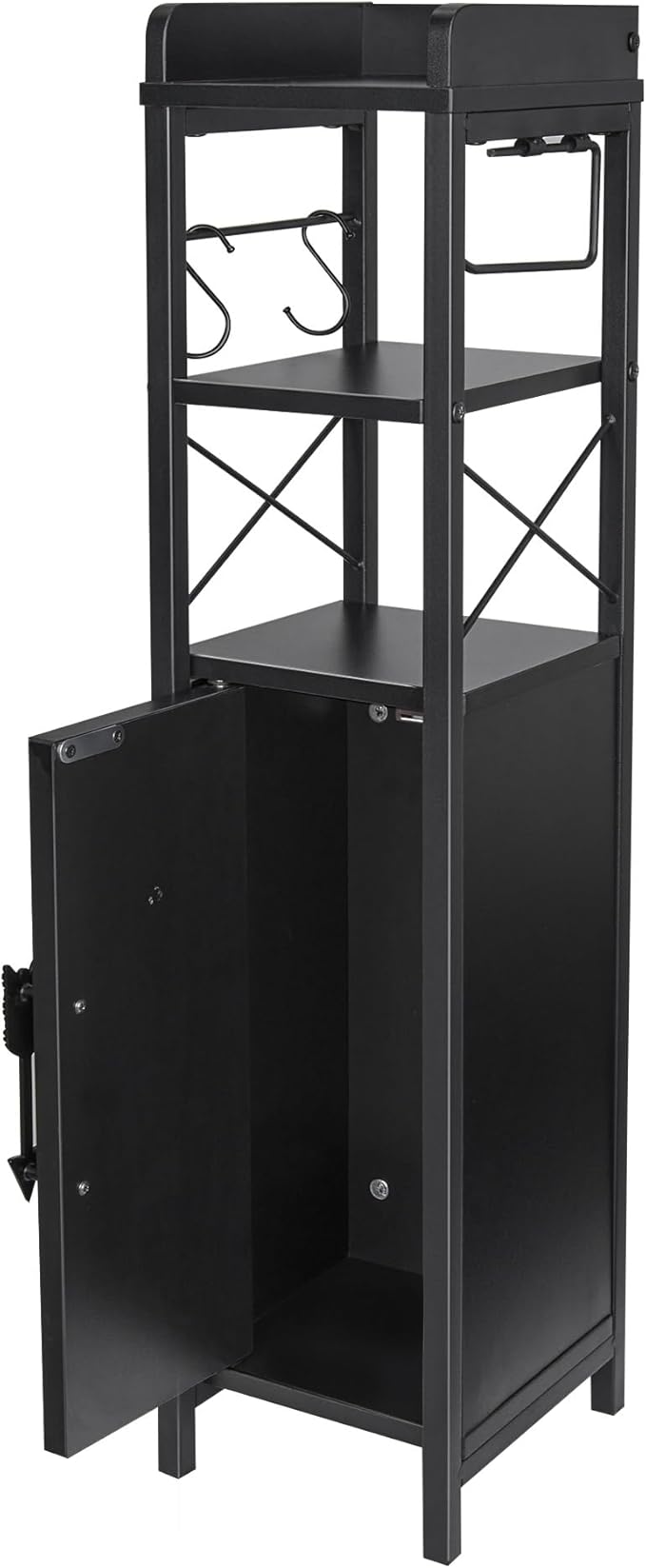 VECELO Small Bathroom Cabinet,Slim Toilet Paper Holder with Door&Metal Scroll, Upgraded Narrow Storage Organizer for Restroom Bathroom Tiny Space,Fenced Top Waterproof Coating,Black