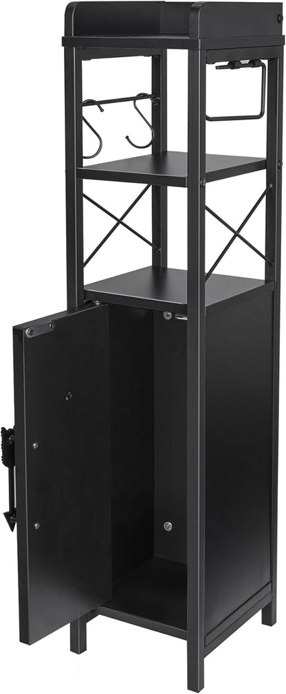 VECELO Small Bathroom Cabinet,Slim Toilet Paper Holder with Door&Metal Scroll, Upgraded Narrow Storage Organizer for Restroom Bathroom Tiny Space,Fenced Top Waterproof Coating,Black