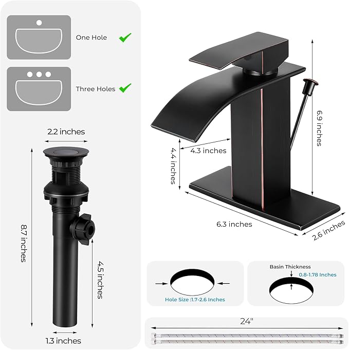 ORB Bathroom Faucet with Lift Rod Drain, Waterfall Bathroom Sink Faucet Modern Single Handle Bathroom Faucte 1 or 3 Hole, RV Mixer Tap Vanity Faucet Washbasin Faucet with Deck