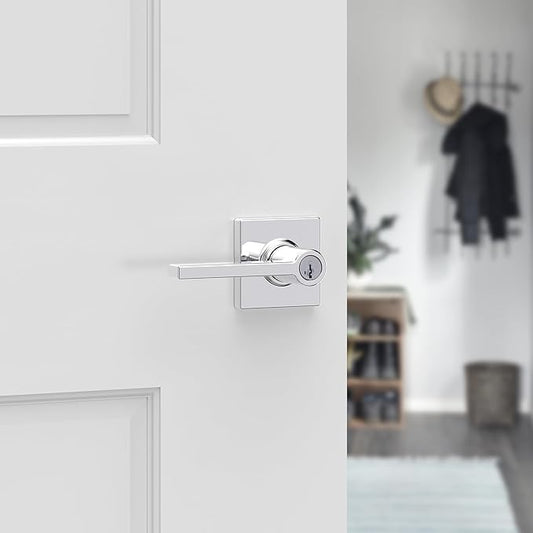 Kwikset Casey Entry Door Handle with Lock and Key, Secure Keyed Reversible Lever Exterior, for Front Entrance and Bedrooms, Polished Chrome, 4 Pack, Pick Resistant SmartKey Rekey Security