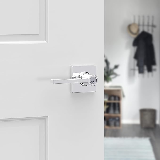Kwikset Casey Entry Door Handle with Lock and Key, Secure Keyed Reversible Lever Exterior, for Front Entrance and Bedrooms, Polished Chrome, 10 Pack, Pick Resistant SmartKey Rekey Security