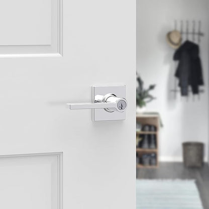 Kwikset Casey Entry Door Handle with Lock and Key, Secure Keyed Reversible Lever Exterior, for Front Entrance and Bedrooms, Polished Chrome, 10 Pack, Pick Resistant SmartKey Rekey Security