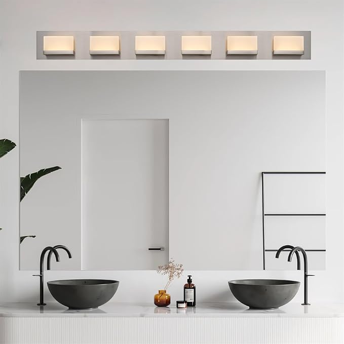 Kira Home Everett 48" Modern Integrated LED 6-Light Bathroom Vanity Light | 60W 3000K Warm White Light, Minimalist Bathroom Wall Sconce with Frosted Acrylic Blocks, Brushed Nickel Finish