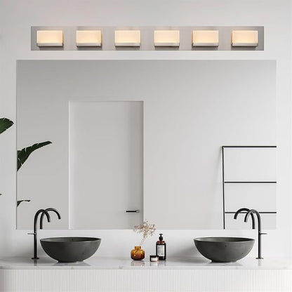 Kira Home Everett 48" Modern Integrated LED 6-Light Bathroom Vanity Light | 60W 3000K Warm White Light, Minimalist Bathroom Wall Sconce with Frosted Acrylic Blocks, Brushed Nickel Finish