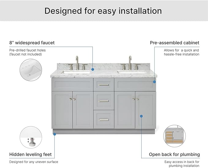 ARIEL Hamlet 60-inch Bathroom Vanity with Sink,Solid Wood, 1.5-inch Italian Carrara Marble Countertop & Backsplash, Double Rectangular Porcelain Sink, 4 Soft Closing Doors, 3 Dovetail Drawers, Grey