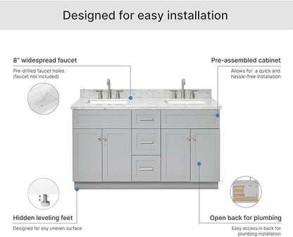 ARIEL Hamlet 60-inch Bathroom Vanity with Sink,Solid Wood, 1.5-inch Italian Carrara Marble Countertop & Backsplash, Double Rectangular Porcelain Sink, 4 Soft Closing Doors, 3 Dovetail Drawers, Grey