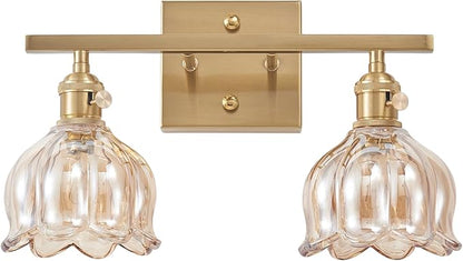 2-Light Amber Tulip Glass Vanity Light, Brushed Gold Vintage Bathroom Wall Sconce, 14.5" Antique Brass Wall Lamp for Mirror, Powder Room, Bedroom (Individual Rotary Switches, Bulbs Not Included)