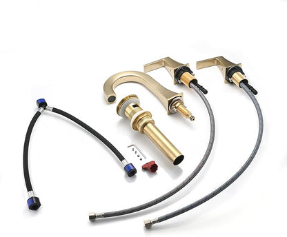 Bathroom Faucets for Sink, 2 Handle Widespread Bathroom Sink Faucet, 3 Hole Modern Stainless Steel Faucet with Pop-up Drain and Water Supply Lines, Brushed Golden