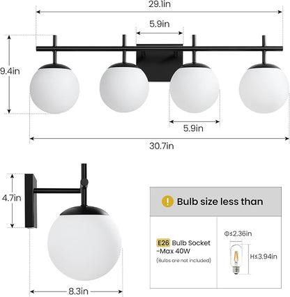 AIJIASI Bathroom Lighting Fixtures Over Mirror, 4-Light Matte Black Vanity Light, 30.7 Inch Modern Bathroom Light Fixtures with Milky White Glass Globe Shade Bath Vanity Lighting Fixtures Wall Sconce