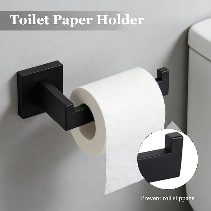 5-Pieces Wall Mount Bathroom Hardware Set,23.6in Towel Bar Set,Matte Black | Waterproof Stainless Steel Bathroom Accessories,Toilet Paper Holder with Shelf,Towel Ring,Coat Hook