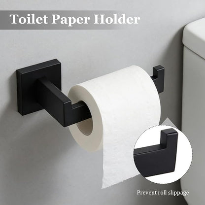 5-Pieces Wall Mount Bathroom Hardware Set,23.6in Towel Bar Set,Matte Black | Waterproof Stainless Steel Bathroom Accessories,Toilet Paper Holder with Shelf,Towel Ring,Coat Hook
