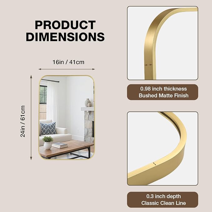 16"x24" Bathroom Mirror for Over Sink, Brushed Gold Rectangle Vanity Mirror | Aluminum Alloy Frame, Clear Reflection, Rust-Resistant, Vertical or Horizontal, Wall Mount, Bedroom and Entryway