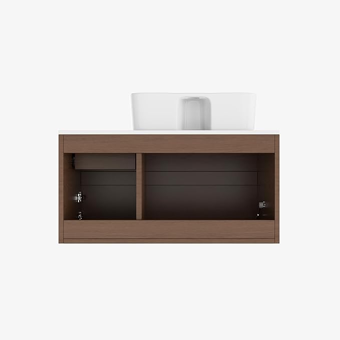 Bathroom Vanity Floating Bathroom Sink Cabinet with Ceramic Vessel Sink Wall Mounted Floating Vanity (Walnut, 31.5W)