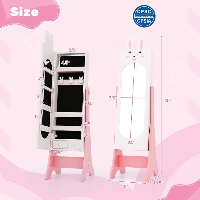HONEY JOY Kids Jewelry Armoire Cabinet, Rabbit Themed Wooden Standing Jewelry Organizer w/Full-length Mirror and Storage Drawers, Children Dress Up Jewelry Cabinet for Little Girls (White)