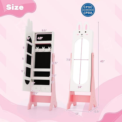 HONEY JOY Kids Jewelry Armoire Cabinet, Rabbit Themed Wooden Standing Jewelry Organizer w/Full-length Mirror and Storage Drawers, Children Dress Up Jewelry Cabinet for Little Girls (White)