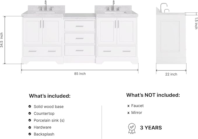 ARIEL Stafford 84-inch Bathroom Vanity with Sink,Solid Wood, 1.5in Italian Carrara Marble Countertop & Backsplash, Double Rectangular Porcelain Sink, 4 Soft Closing Doors, 5 Dovetail Drawers, White