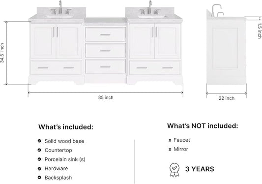 ARIEL Stafford 84-inch Bathroom Vanity with Sink,Solid Wood, 1.5in Italian Carrara Marble Countertop & Backsplash, Double Rectangular Porcelain Sink, 4 Soft Closing Doors, 5 Dovetail Drawers, White