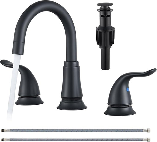 Matte Black Widespread Bathroom Faucet 3 Hole, 8 Inch Adjustable Bathroom Sink Faucet with Pop-Up Drain & Supply Lines, Dual Handle 360° Swivel Spout, Modern Design