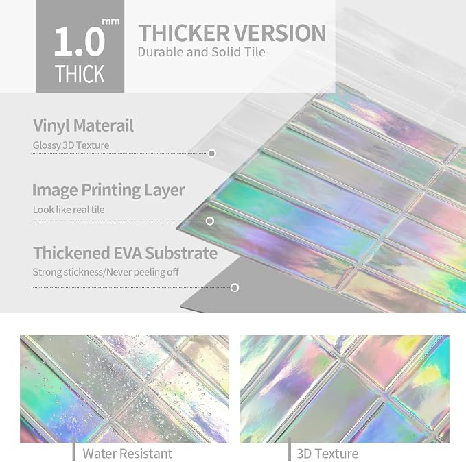 Peel and Stick Backsplash 3D Wall Tiles,Self-Adhesive,Oil Proof,Waterproof, Removable Wall Panels for Kitchen & Bathroom,Modern Design, Easy Install (10.7ft，12x9 inch,14 Pack) (Iridescent)