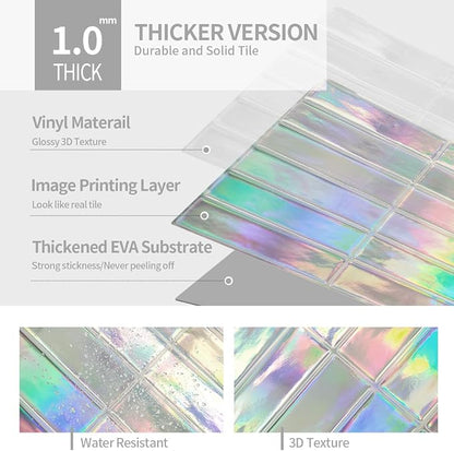 Peel and Stick Backsplash 3D Wall Tiles,Self-Adhesive,Oil Proof,Waterproof, Removable Wall Panels for Kitchen & Bathroom,Modern Design, Easy Install (10.7ft，12x9 inch,14 Pack) (Iridescent)