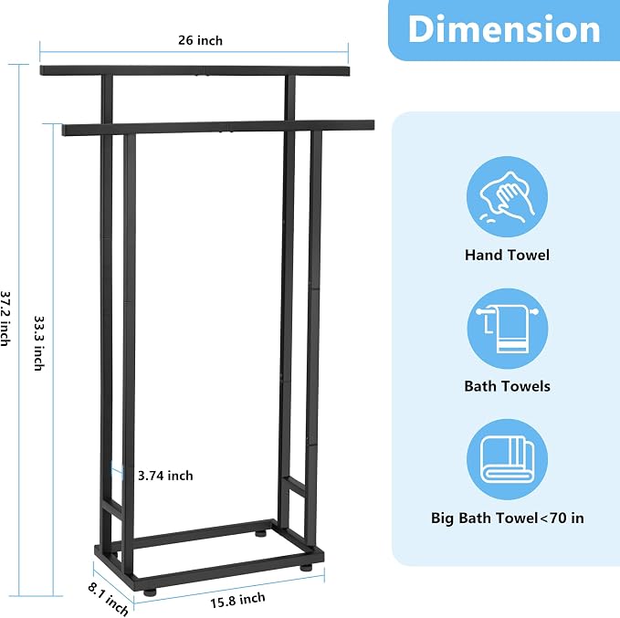 2 Tier Tall Free Standing Towel Racks for Bathroom | Metal Drying Rack for Oversized Bath Towels & Blankets, Indoor & Outdoor Use, Fits Bathroom, Pool, Black