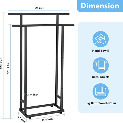 2 Tier Tall Free Standing Towel Racks for Bathroom | Metal Drying Rack for Oversized Bath Towels & Blankets, Indoor & Outdoor Use, Fits Bathroom, Pool, Black