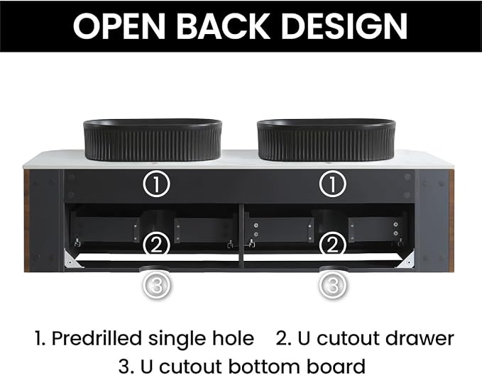 60" Preassembled Double Floating Bathroom Vanity with Black Sink, Walnut | Mid-Century Modern Style, Fluted & Soft-Close Drawer with U-shaped Wall, Sinterted Stone Countertop, Towel Rack Included