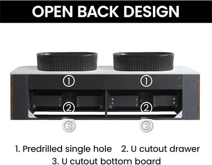 60" Preassembled Double Floating Bathroom Vanity with Black Sink, Walnut | Mid-Century Modern Style, Fluted & Soft-Close Drawer with U-shaped Wall, Sinterted Stone Countertop, Towel Rack Included