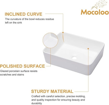 Mocoloo Rectangle Vessel Sink 19"x15" Ceramic Bathroom Sinks White Porcelain Lavatory Small Vanity Sink Basin without Overflow Drain Above Countertop Installation