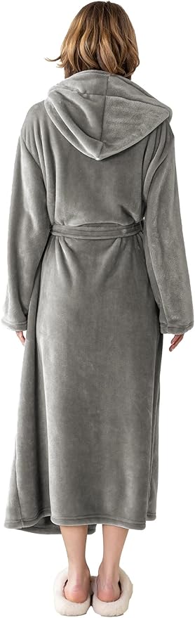 Robes for Women - Hooded Plush Fleece Bathrobe with Sash & Pockets, Full-Length Lightweight Spa Robe