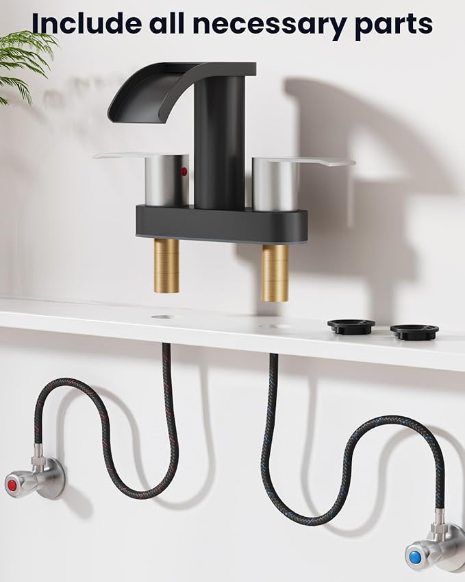 gotonovo 4 Inch Centerset Waterfall Bathroom Sink Faucet Deck Mount 2 Handle Basin Faucets 2 or 3 Hole with Pop Up Drain Included Lavatory Modern Mixer Tap Vanity Faucet Matte Black and Brushed Nickel