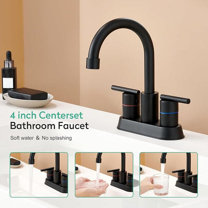 Faustina Matte Black Bathroom Faucet, 4 Inch Centerset Bathroom Faucets for Sink 2 Hole 3 Holes，Two Handles 304 Stainless Steel Faucet with Pup up Drain and 2 cUPC Water Supply Lines for RV Vanity