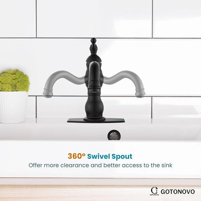 gotonovo Bathroom Faucet 1 Hole Vintage,Matte Black,7.1” Spout Reach | Bathroom Sink Faucet for 1 or 3 Hole Single Handle,Deck Plate,360° Swivel Spout,Pop Up Drain,cUPC Supply Hoses,for Vanity RV