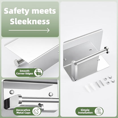 Polished Chrome Toilet Paper Holder with Phone Shelf, Wall Mounted | Sturdy 304 Stainless Steel, Fits Bathroom, Restroom, Powder Room, Heavy Duty Paper Roll & Tablet Storage Tissue Dispenser