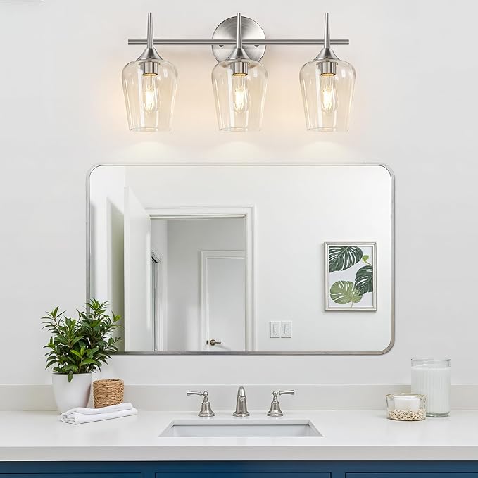 3-Light Bathroom Light Fixtures, 19.5 in Brushed Nickle Vanity Lights for Bathroom with Clear Glass, Bathroom Lighting Fixtures Over Mirror, Modern Wall lamp for Cabinet Hallway