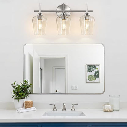 3-Light Bathroom Light Fixtures, 19.5 in Brushed Nickle Vanity Lights for Bathroom with Clear Glass, Bathroom Lighting Fixtures Over Mirror, Modern Wall lamp for Cabinet Hallway