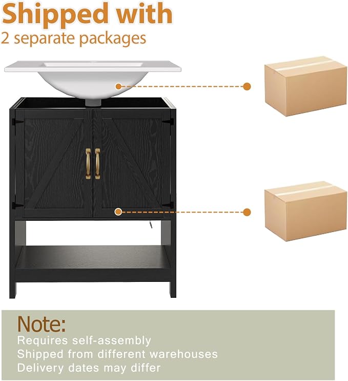 30 Inch Bathroom Vanity with Sink, Pedestal Sink Storage Cabinet with 2 Doors & LED Light, Mid-Century Modern Bathroom Vanity with Open Bottom Shelf, Black