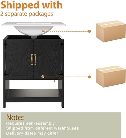30 Inch Bathroom Vanity with Sink, Pedestal Sink Storage Cabinet with 2 Doors & LED Light, Mid-Century Modern Bathroom Vanity with Open Bottom Shelf, Black