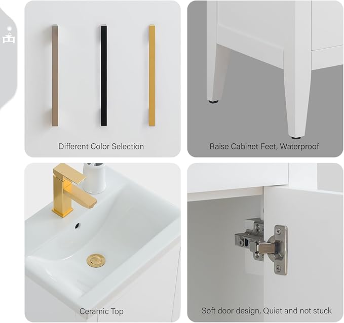Vanity Art 20 inch Bathroom Vanity with Single Sink & Ceramic Top, Vanity Cabinet with Soft-Closing Doors, Solid Wood Frame, White, VA9020-W-BN1