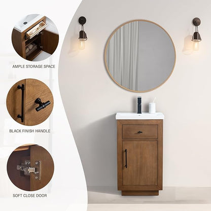 HOMEBEYOND 20" Bathroom Vanity with Single Sink & Ceramic Top, MDF Material Vanity Cabinet with Basin Combo, Soft-Closing Doors, Removable Shelf, Backsplash, Tan