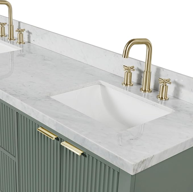 ARIEL Milan 72-inch Bathroom Vanity with Sink,Solid Wood, 1.5-inch Italian Carrara Marble Countertop, Double Rectangular Porcelain Sink, Soft Closing Doors, Dovetail Drawers, Vintage Green