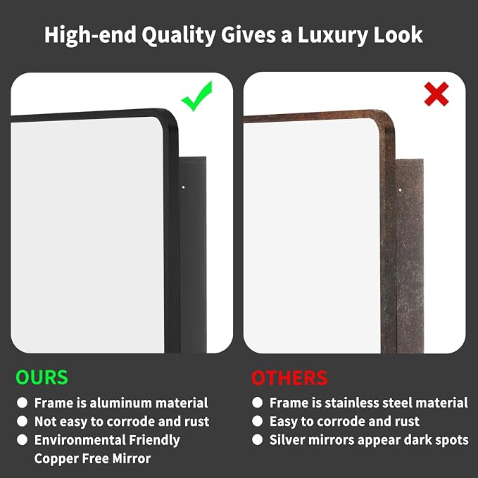 Movo 24 Inch x 30 Inch Black Metal Framed Bathroom Mirror Medicine Cabinet Rectangle Tilting Beveled Vanity Mirrors Recess or Surface Mount Installation