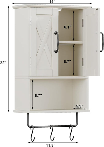 ChooChoo Farmhouse Medicine Cabinet, Bathroom Wall Cabinet with Adjustable Shelf, Towel Bar, 3 Hooks, Over The Toilet Storage Cabinet for Bathroom, Kitchen, White