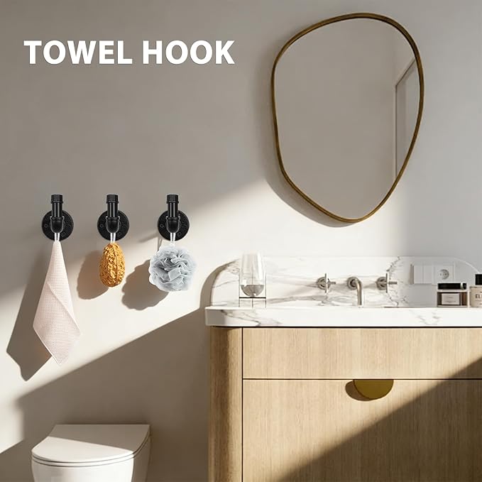 NearMoon 5-Pieces Industrial Pipe Bathroom Hardware Set, Include 18 Inch Towel Bar, Toilet Paper Holder and 3 Robe Hooks, Heavy Duty DIY Style Wall Mounted Rustic Decor Accessories Kit (Black)