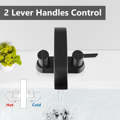 Matte Black Waterfall Bathroom Faucet 4 Inch Centerset,2-Handle | Stainless Steel 3-Hole Deck-Mount Design Includes Supply Lines and Pop-Up Drain for a Complete Vanity Installation